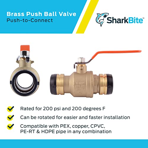 Brass push-to-connect ball valve with red lever handle, shown from two angles with black grip rings on ends.