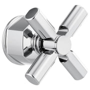 Chrome pressure balance valve trim with four cylindrical cross handles and circular escutcheon plate.