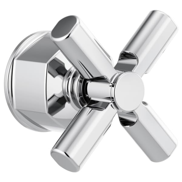 Chrome pressure balance valve trim with four cylindrical cross handles and circular escutcheon plate.