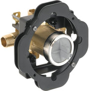 Pressure balance tub shower rough-in valve with brass body, black plastic housing, and inlet ports.