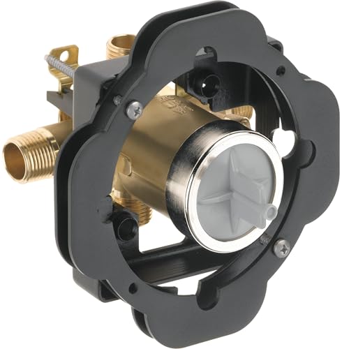 Pressure balance tub shower rough-in valve with brass body, black plastic housing, and inlet ports.
