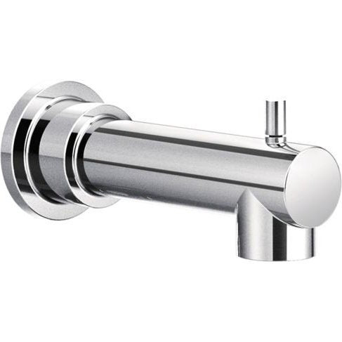 Brushed nickel tub spout with wall mounting flange and diverter lever.