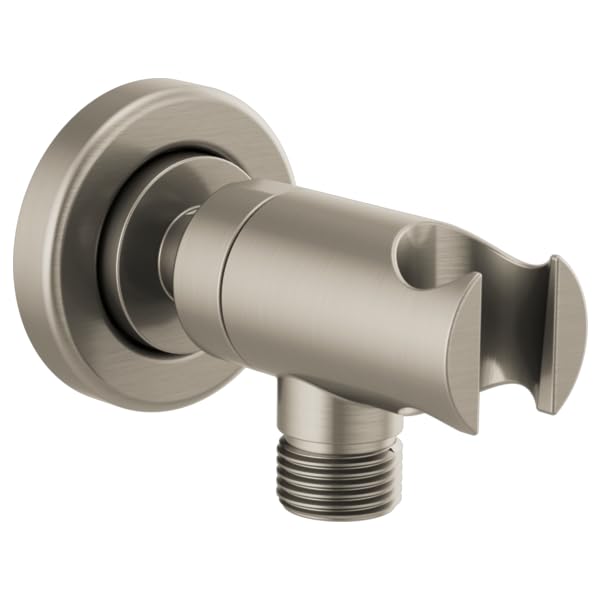 Brushed nickel wall-mounted handshower holder with circular backplate and adjustable cradle bracket.