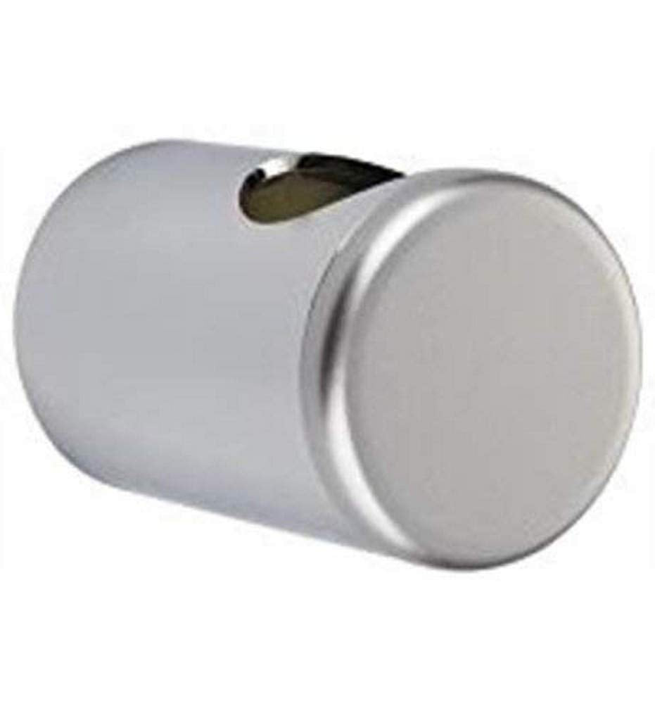 Chrome and matte chrome cylindrical shower bar holder with circular face plate and slot opening.