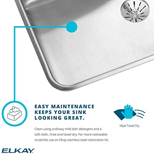 Stainless steel drop-in sink with rounded corners, three pre-drilled holes, and strainer basket visible.
