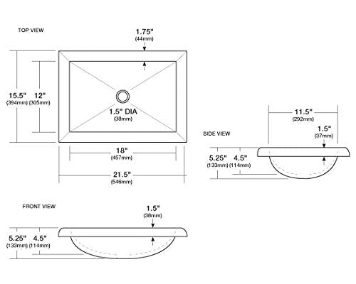 Montecito ash bathroom sink with rectangular bowl, 21.5" width, 15.5" depth, curved apron front, and 1.5" drain hole.
