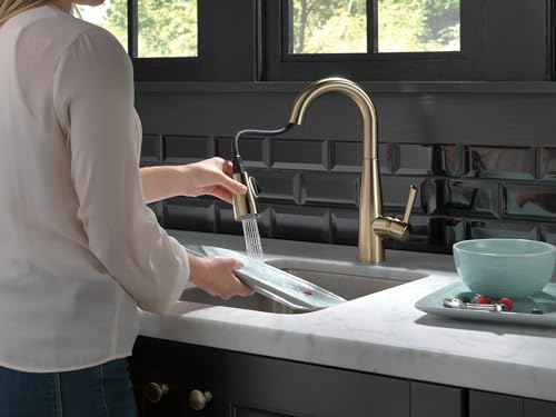 Champagne bronze single-handle pull-down faucet with sprayer head extended over black kitchen sink.