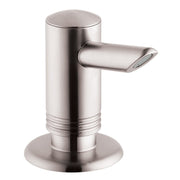 Cylindrical stainless steel soap dispenser with rounded top, side spout, and circular base.