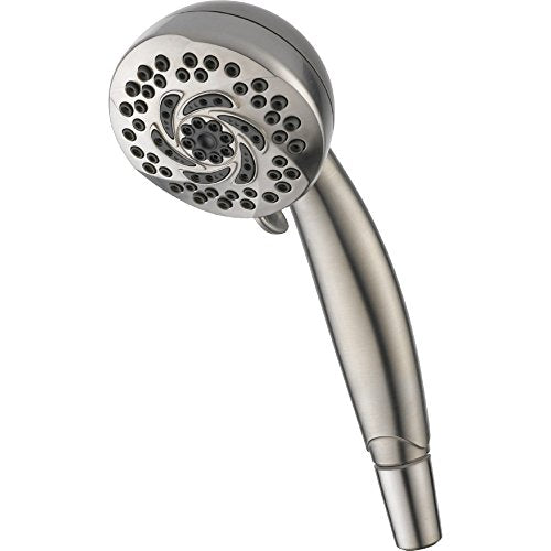 Chrome hand shower with swirl spray pattern and adjustable settings, attached to brushed metal handle.