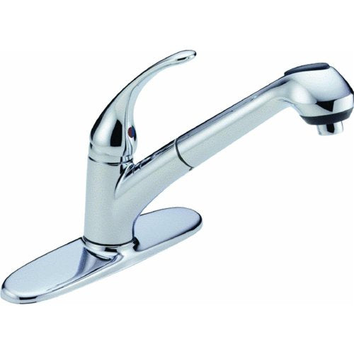 Chrome single handle kitchen faucet with pull-out spray head and wide base deck plate.