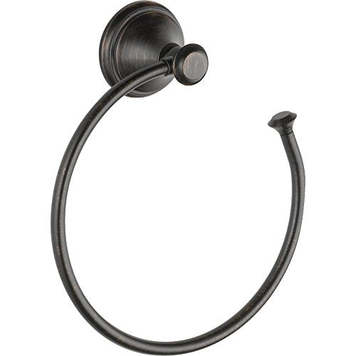 Oil-rubbed bronze towel ring with circular mounting base and curved bar for hanging towels.