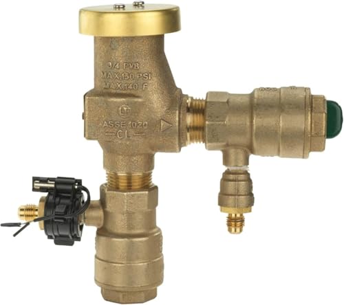 Bronze pressure vacuum breaker with 3/4 inch union connections and brass cap, featuring relief valve and test ports.