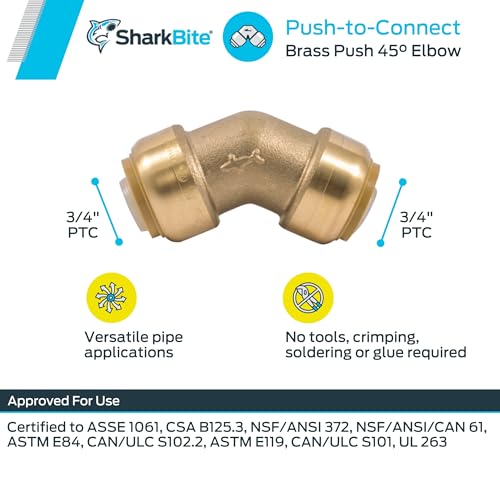 Brass 45-degree push-to-connect elbow fitting with 3/4" PTC ports on each end.