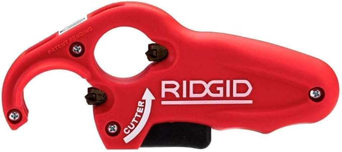 Red RIDGID tubular tailpiece extension cutter with two cutting wheels and adjustable grip handles.