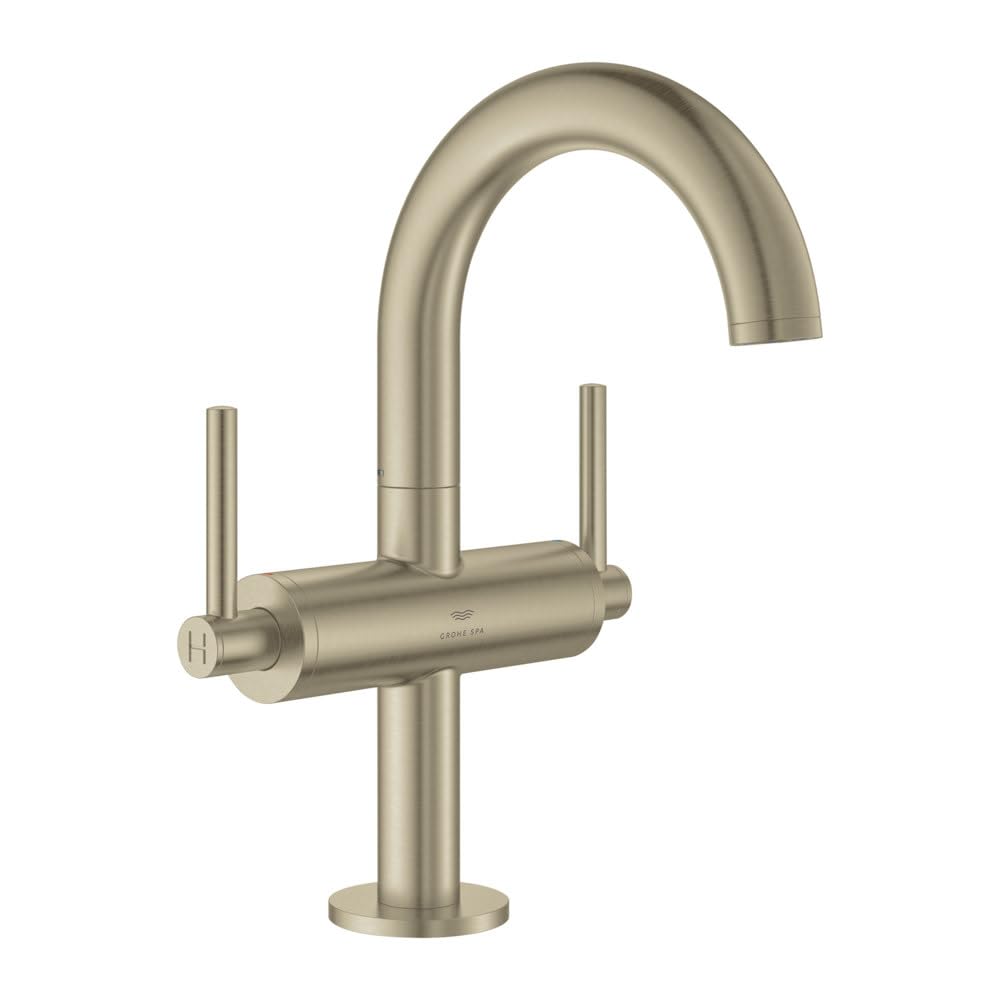 Chrome bathroom faucet with curved spout and two vertical handles on cylindrical base.