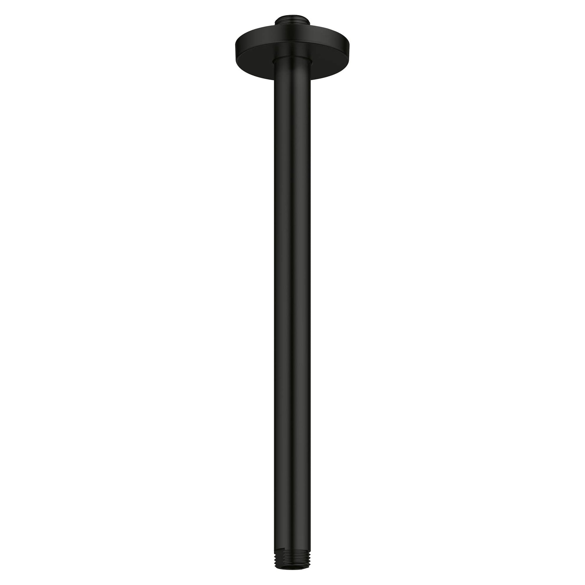 Matte black ceiling-mounted shower arm with circular mounting bracket and threaded connection at base.