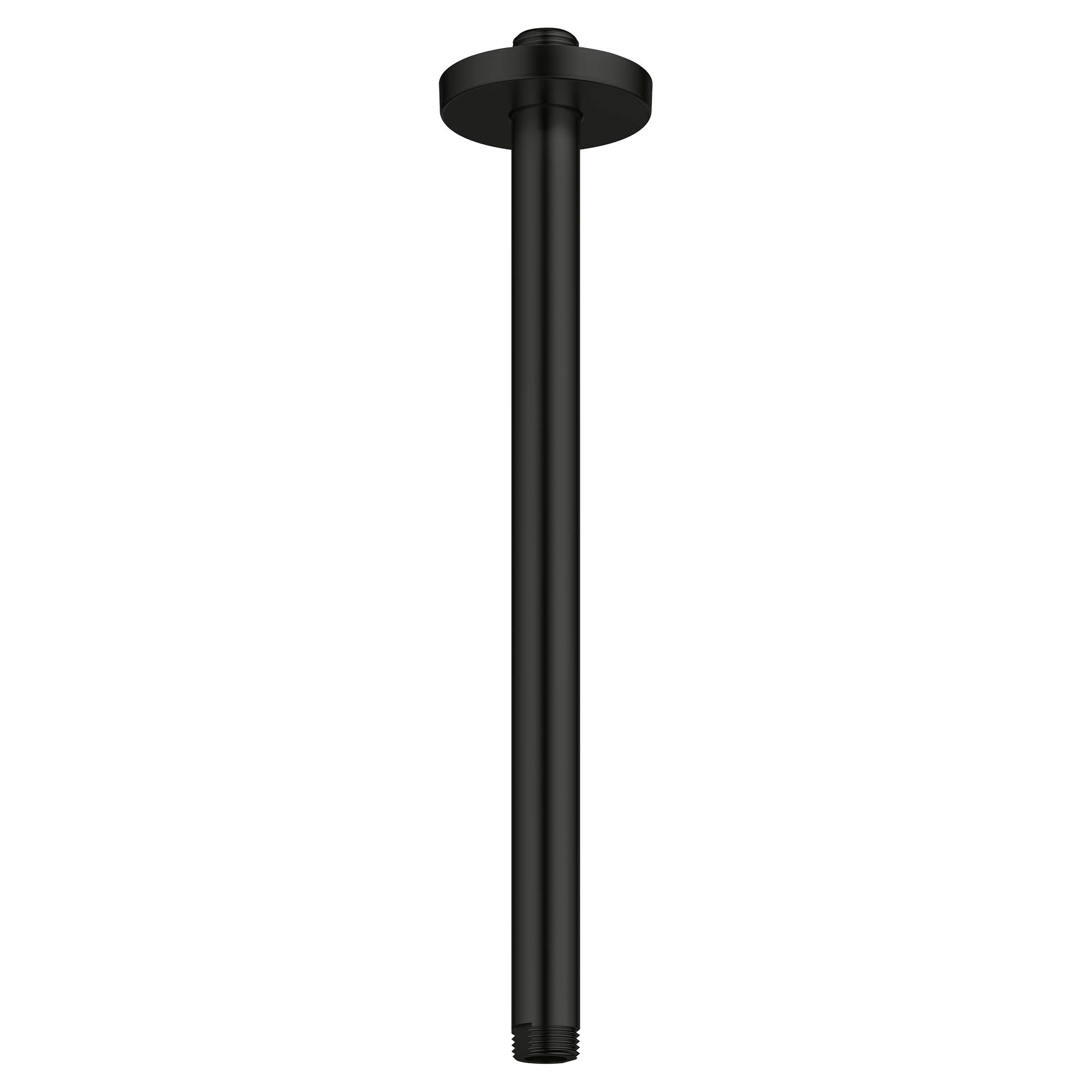 Matte black ceiling-mounted shower arm with circular mounting bracket and threaded connection at base.