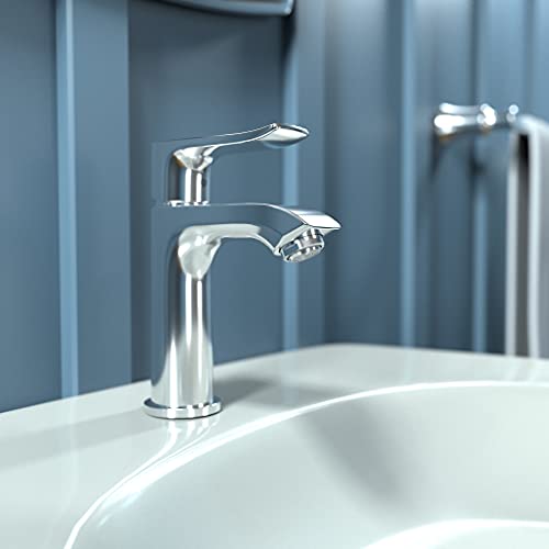 Chrome single-hole bathroom faucet with curved spout and lever handle mounted on white sink.