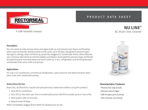 Rectorseal Nu Line enzyme-based condensate drain cleaner in 8 oz bottles with product data sheet.