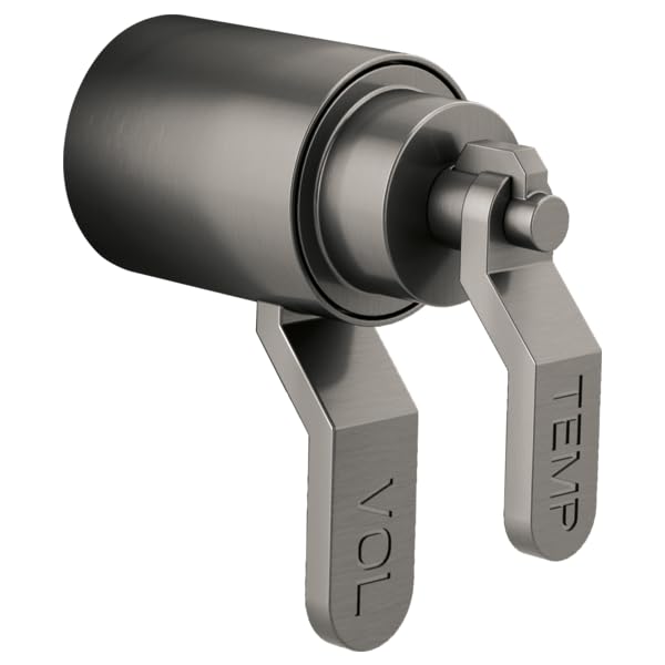 Brushed nickel thermostatic valve trim with dual industrial lever handles and cylindrical body.