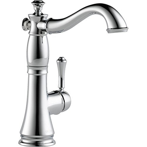 Chrome single-handle bar faucet with curved spout and decorative knob at top.
