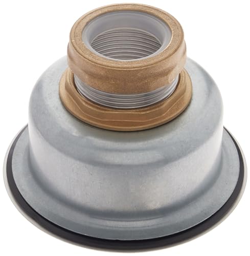 Stainless steel basket strainer with bronze-toned collar and rubber seal ring, viewed from above.