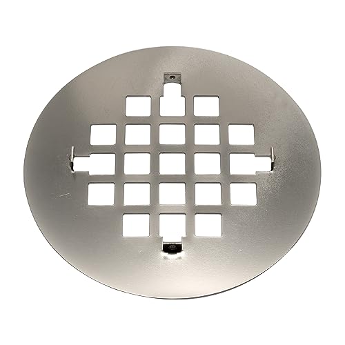 Circular satin nickel shower strainer with grid pattern openings and snap-tight fastening tabs on sides.