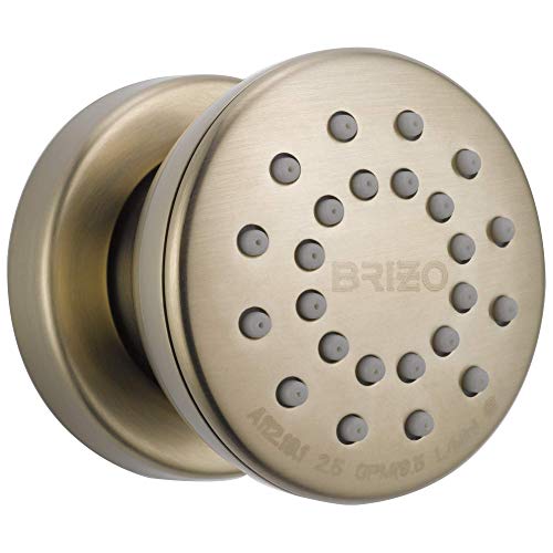 Round brushed nickel shower body spray with multiple water jets and wall-mounted bracket.