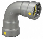 Gray metal 90-degree elbow connector with yellow press indicators and threaded end fitting.