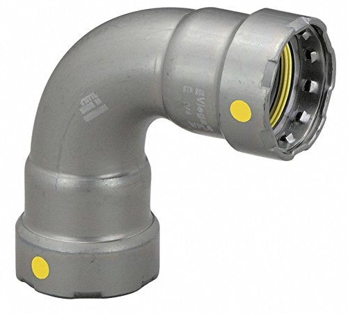 Gray metal 90-degree elbow connector with yellow press indicators and threaded end fitting.