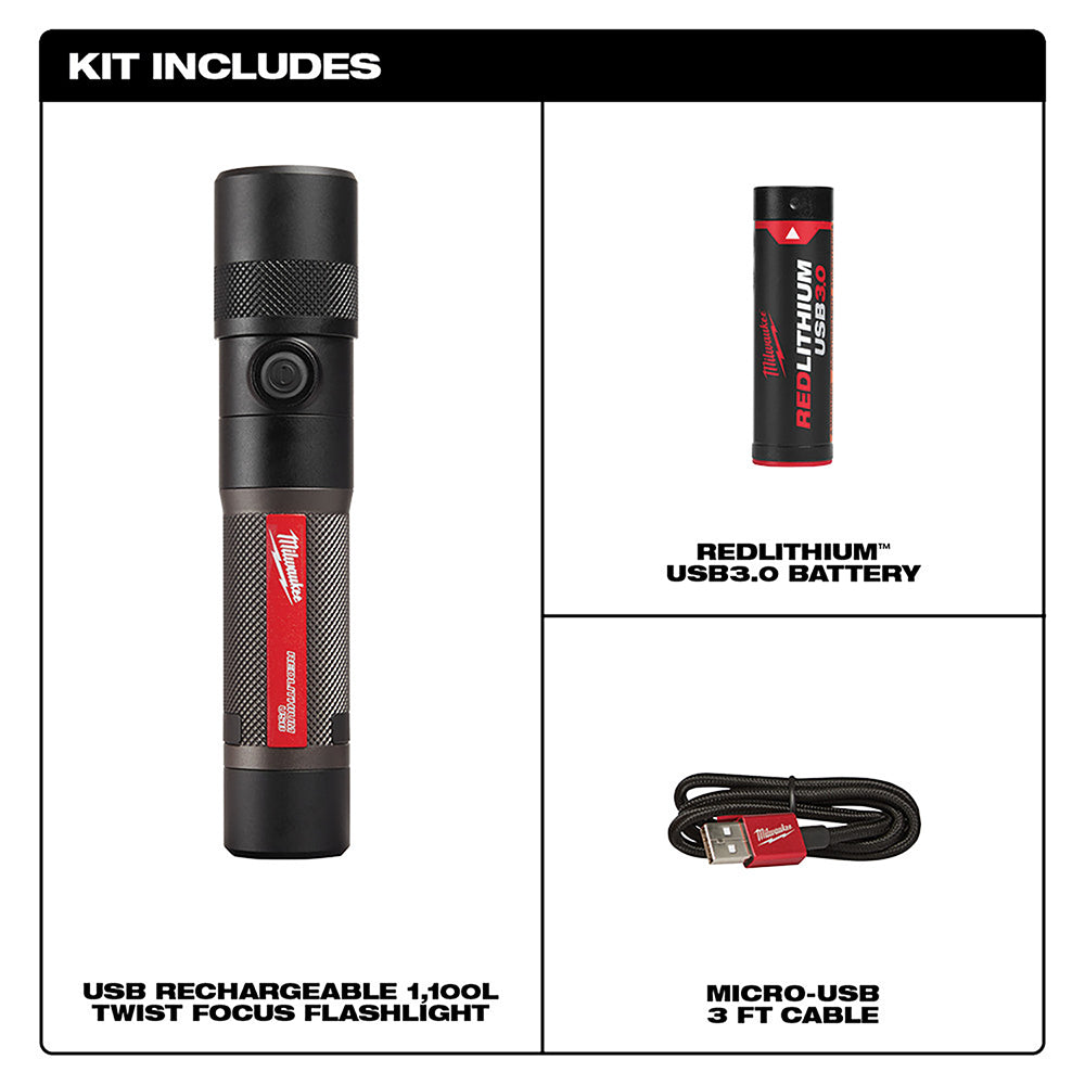 Black cylindrical flashlight with textured grip and red accents, shown with included rechargeable battery and USB cable.