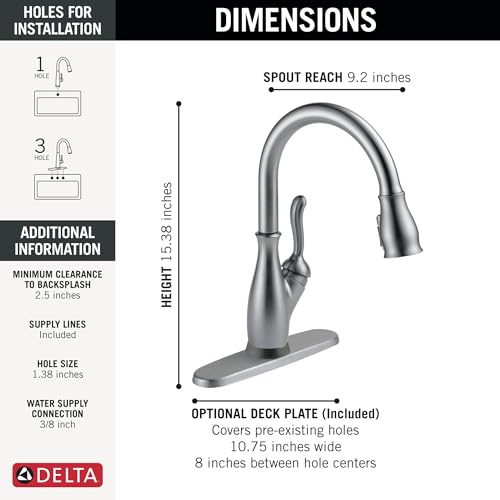 Arctic stainless steel pulldown kitchen faucet with curved spout and single lever handle, 15.38 inches tall.