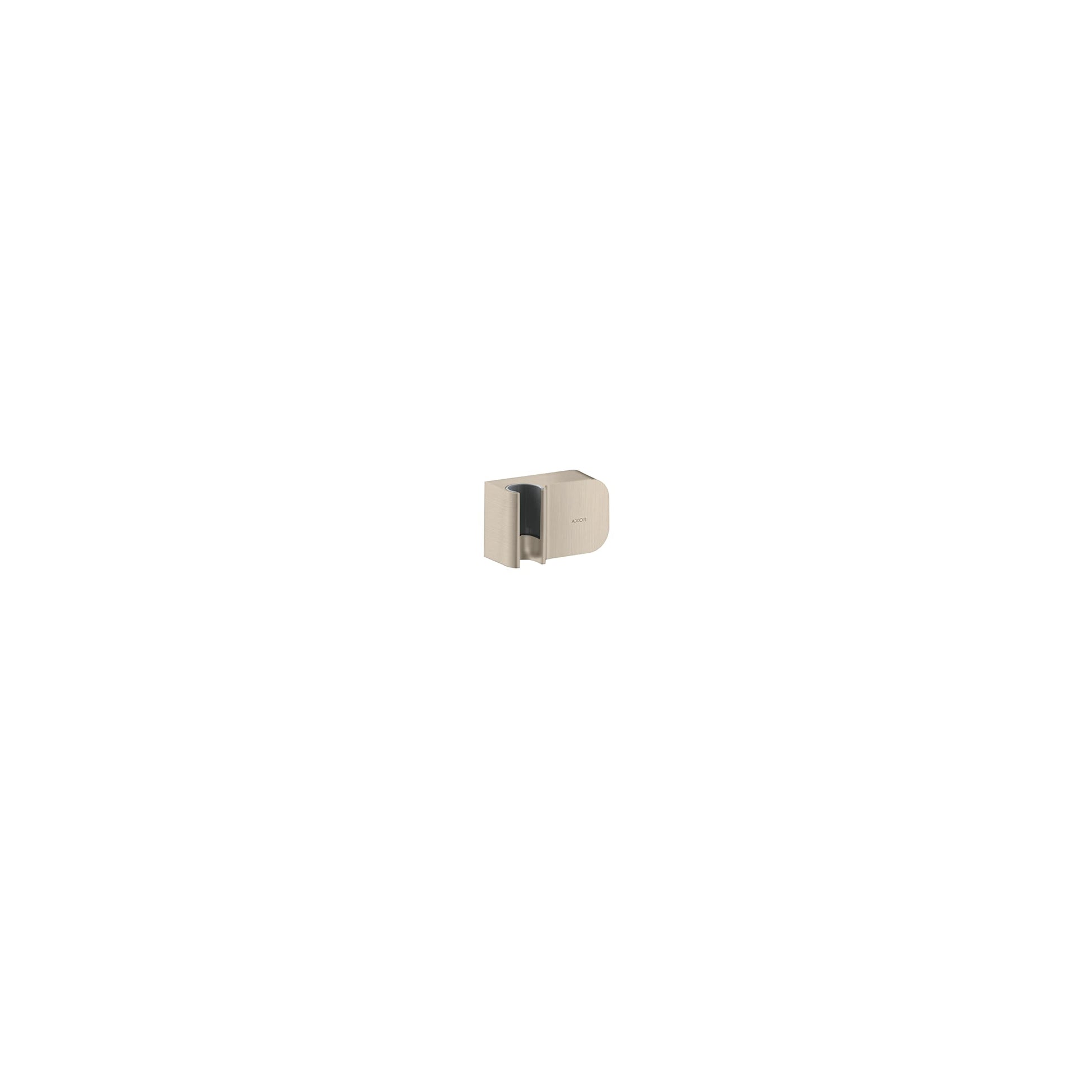 Brushed nickel wall-mounted handshower holder with rounded square design and vertical slot for handshower attachment.