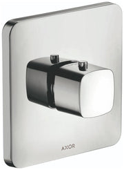 Chrome thermostatic shower trim with square escutcheon plate and two control knobs on rounded body.