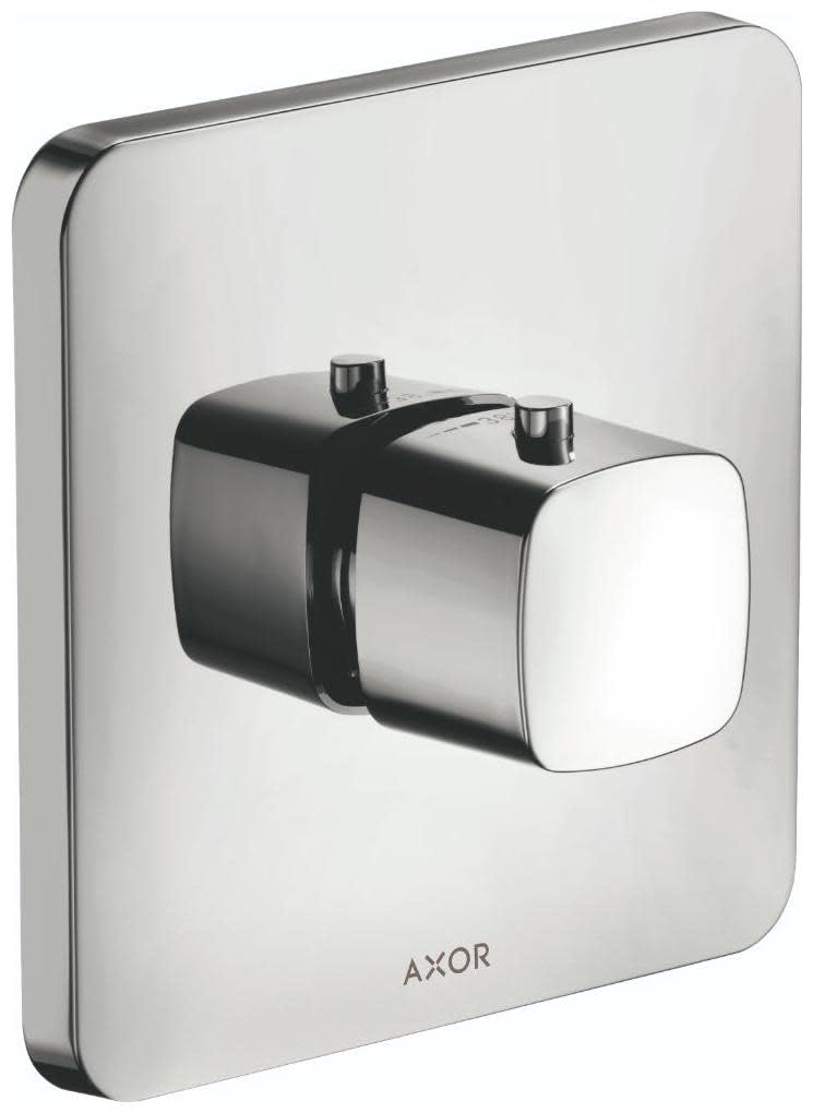 Chrome thermostatic shower trim with square escutcheon plate and two control knobs on rounded body.