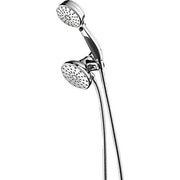 Chrome shower system with dual showerheads and black grip handle mounted on adjustable arm with hose.