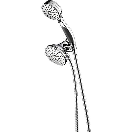 Chrome shower system with dual showerheads and black grip handle mounted on adjustable arm with hose.
