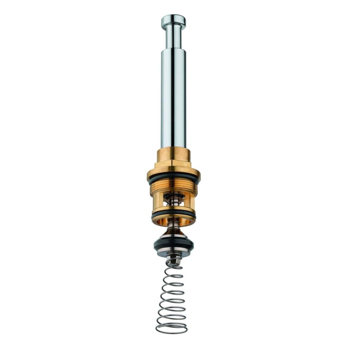 Chrome diverter cartridge with brass housing, black seals, and coiled spring mechanism for water flow control.