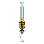 Chrome diverter cartridge with brass housing, black seals, and coiled spring mechanism for water flow control.