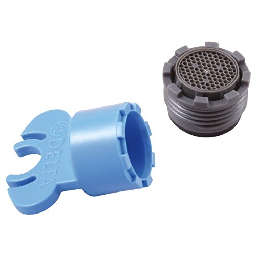 Blue plastic wrench tool and black threaded aerator with perforated screen insert.