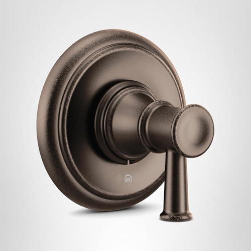 Oil rubbed bronze single-handle transfer valve trim with round escutcheon plate and lever handle.