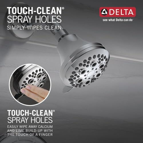 Chrome single-handle lever shower trim with push button diverter and touch-clean spray holes.
