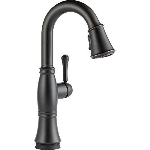Black single-handle pull-down kitchen faucet with curved spout and side lever control.