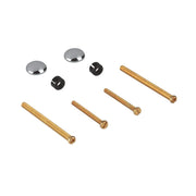 Chrome fixing set containing two dome caps, two black nuts, and four brass bolts of varying lengths.