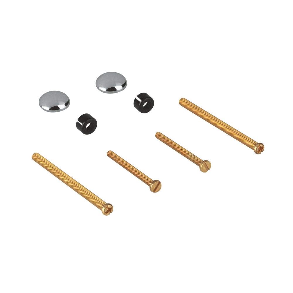 Chrome fixing set containing two dome caps, two black nuts, and four brass bolts of varying lengths.