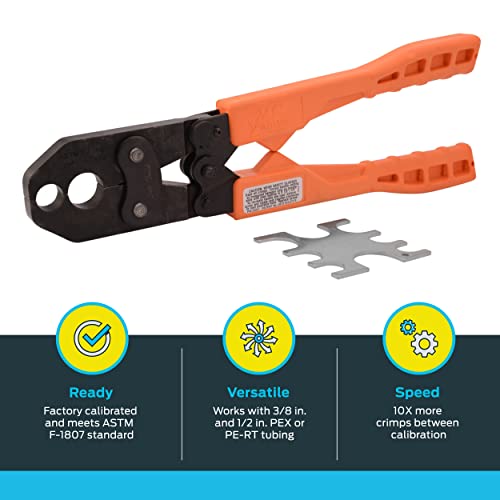 Orange and black Sharkbite crimping tool with handles and metal crimp rings displayed separately below.