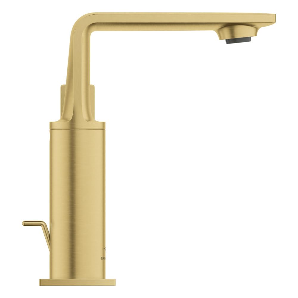 Grohe Allure single-hole bathroom faucet in brushed gold finish with extended spout and single handle.