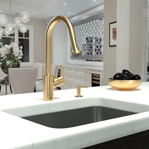 Brushed gold pull-down kitchen faucet with high arc spout installed above white countertop sink.