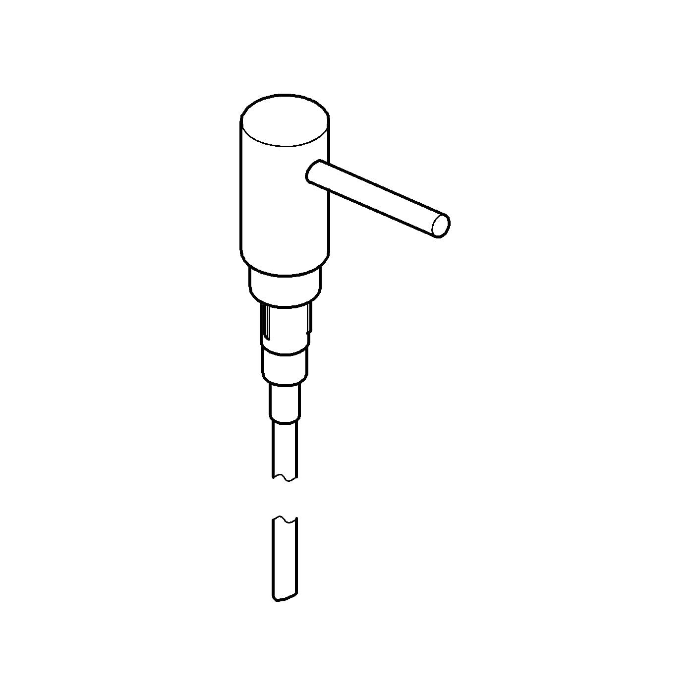 Chrome pump unit with cylindrical body, side lever, and tapered connector shaft shown as line drawing.
