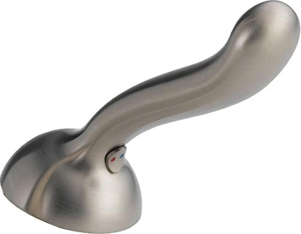 Curved metal lever handle with dome base in brushed stainless steel finish.